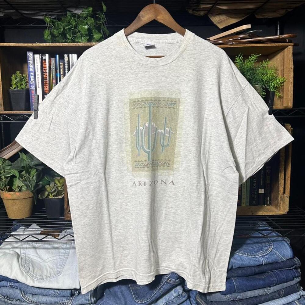 Vintage 90s Arizona Nature Tee Grey Yellow Cactus Wilderness Shirt Mens 2XL